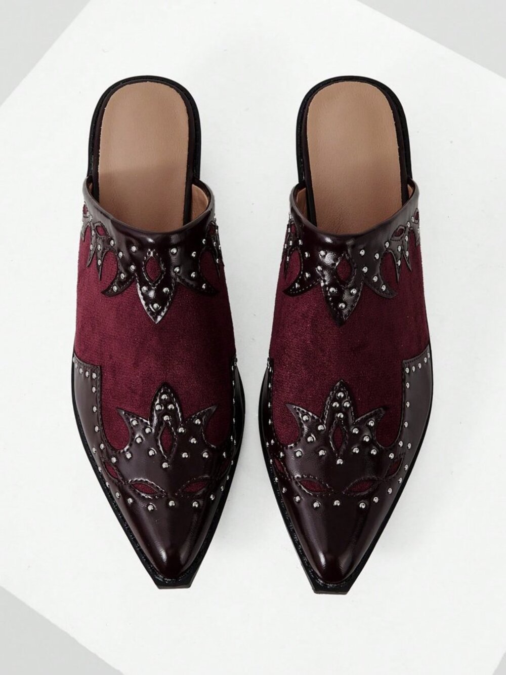 Burgundy Casual Women's Textured Patchwork Mule Chunky Heel Slip-On Shoes - Picture 5 of 9